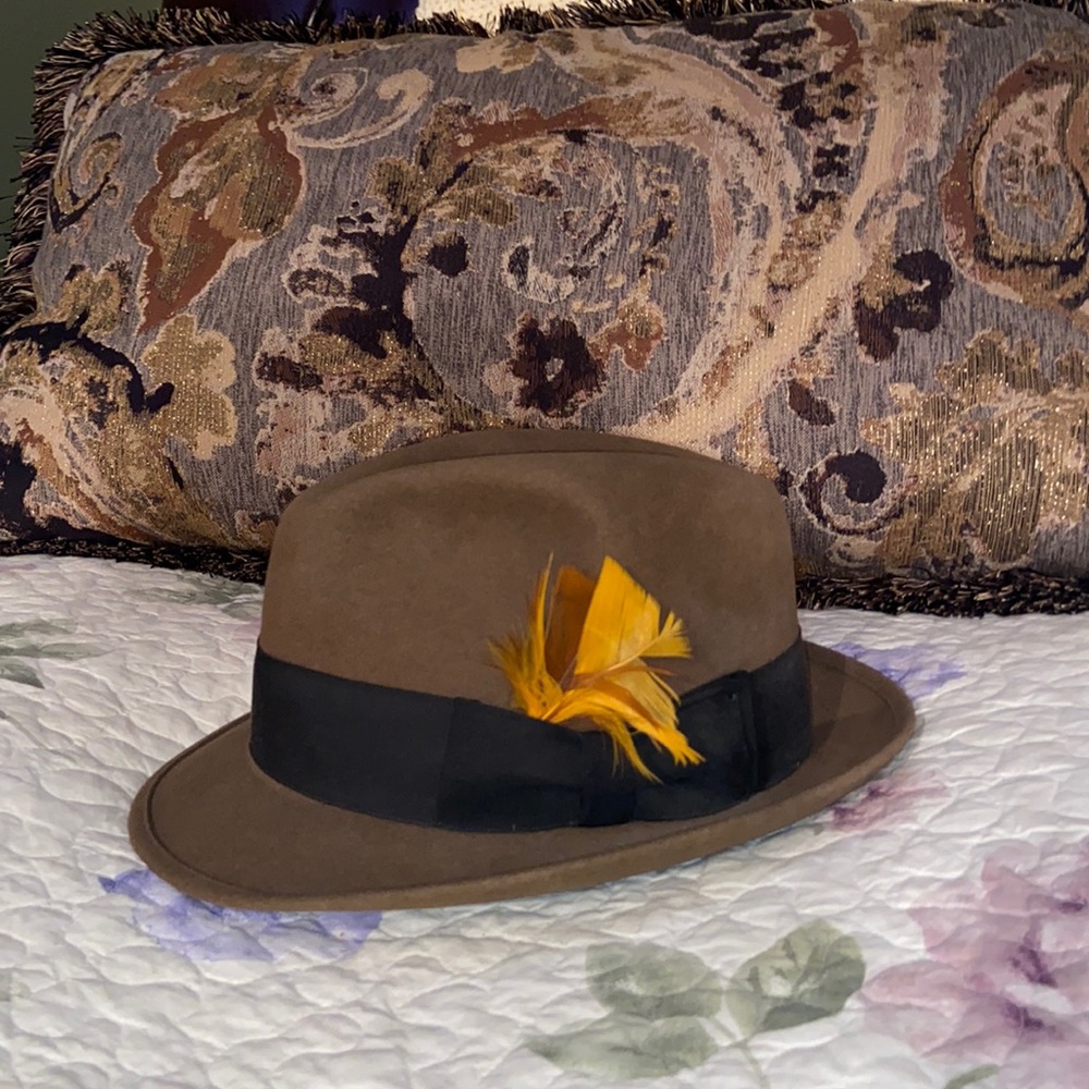 feathered brown hat